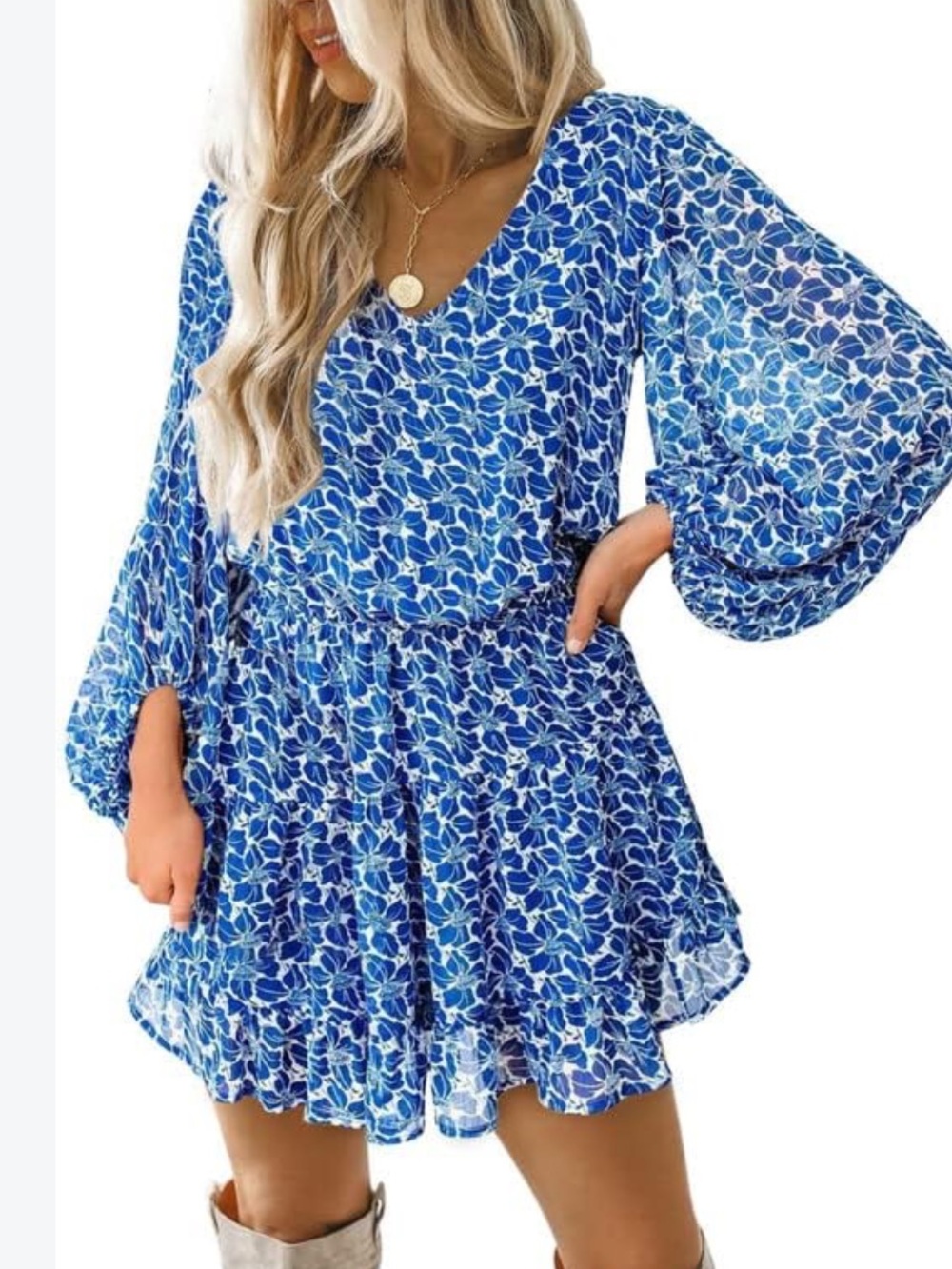 Vici Blue Floral V-Neck Dress with Balloon Sleeves